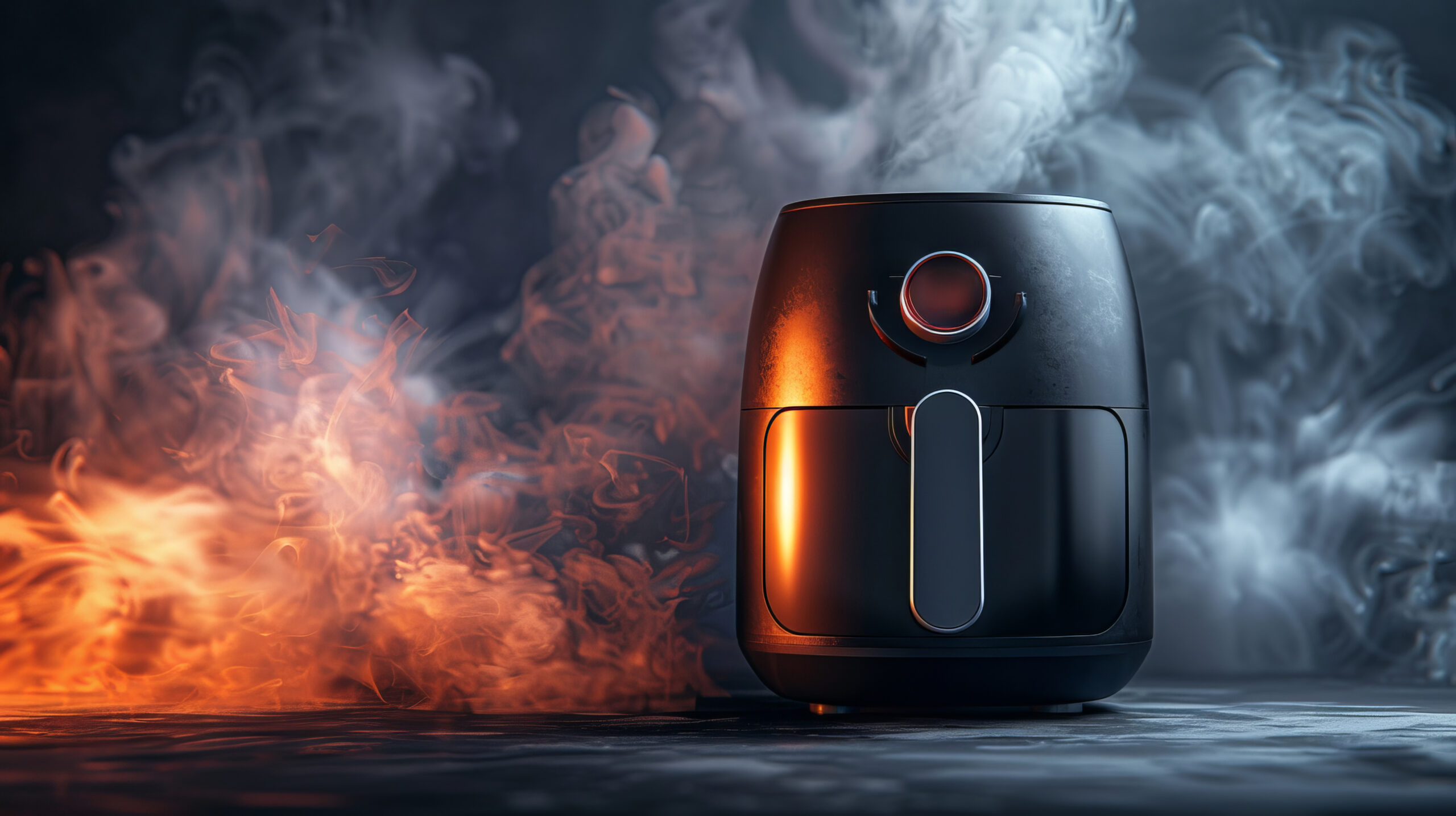 High-quality, detailed product photograph of a cutting-edge, futuristic air fryer with advanced features and a stylish design, set against a black background with epic smoke effects in the background and ample copy space. No logos, all numbers clearly visible and well-written --chaos 20 --ar 16:9 --style raw --stylize 700 Job ID: 10354823-a908-4685-8019-d6c458ed533b
